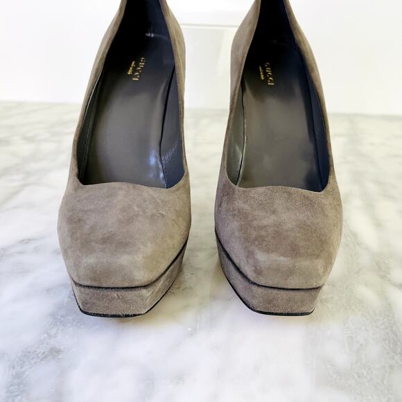 Gucci Dark Grey Suede Platform Heel 39.5 NEW Square Toe Work Casual 4.5" 115mm - Picture 3 of 8